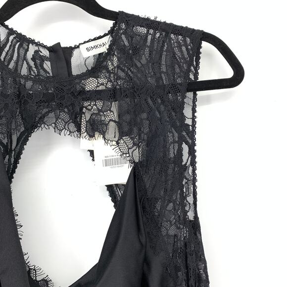 Simkhai Vea Lace Trim Open Back Gown Womens Size 10 Black Draped Satin NEW - Picture 3 of 10